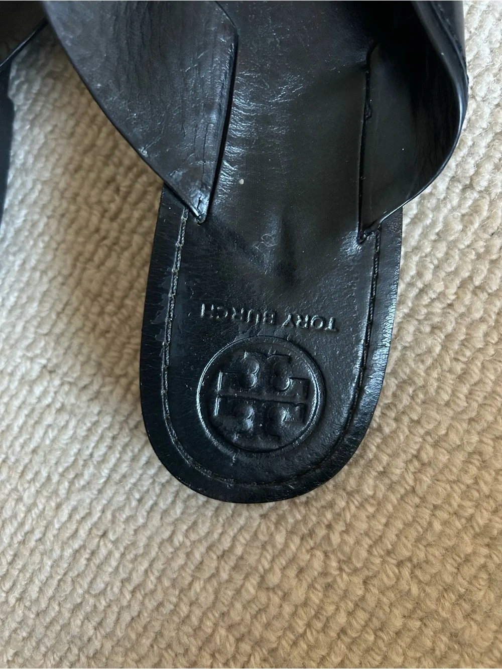 Tory Burch Black Patent Leather Thong Sandals with Gold Accent